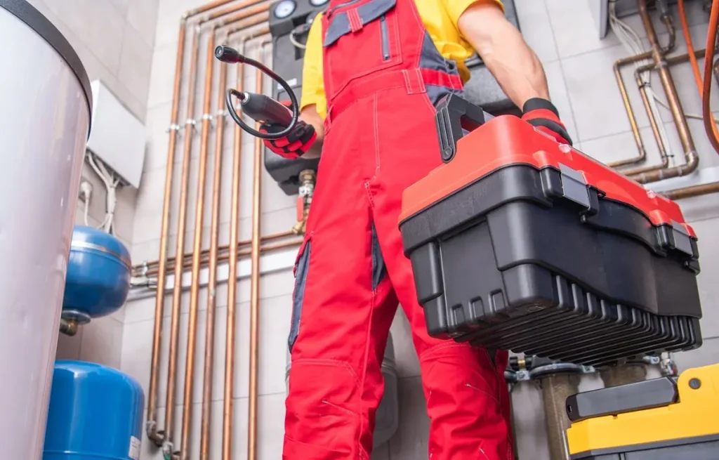 Close up of legs of a furnace repairman, in a red uniform, standing in a utility room, holding a toolkit.