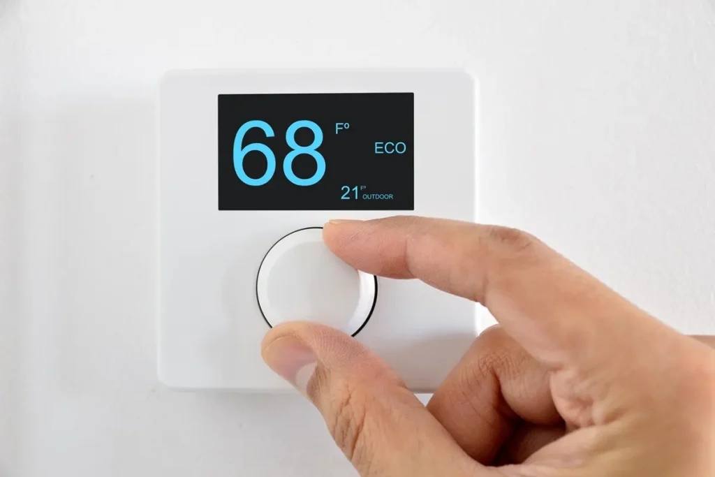 a man’s hand turning the dial on a white, digital thermostat that sits on a white wall.