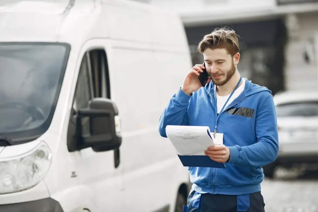 Closeup of man in blue work uniform holding a clipboard while talking on phone and standing in front of a white work van.